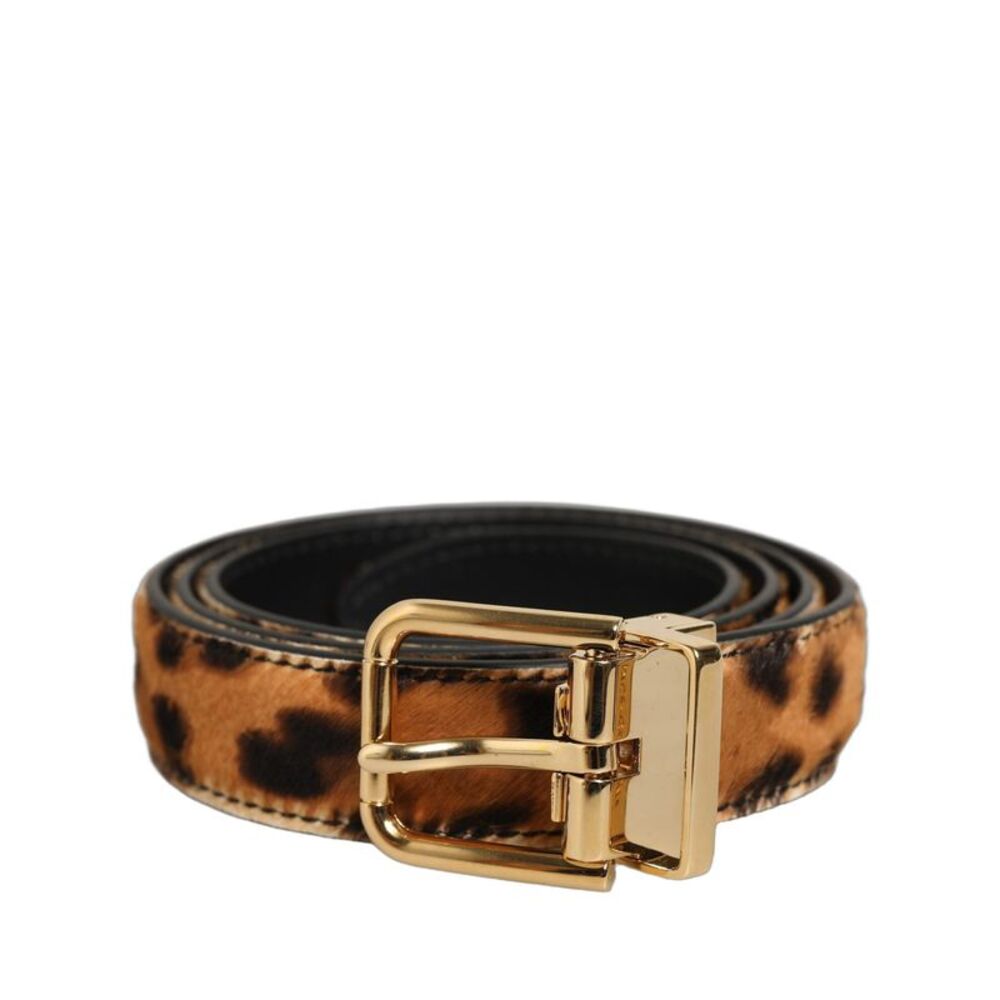 Dolce & Gabbana Brown Leopard Calf Hair Gold Tone Buckle Women's Belt